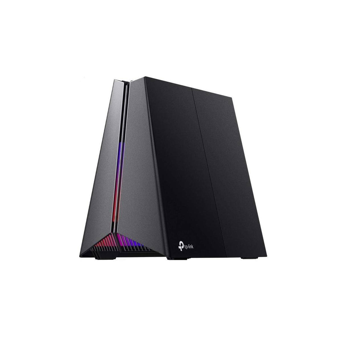 Schwarzer TP-Link WLAN-Router mit kantigem Turmdesign und vertikalem RGB-Lichtstreifen, auf weißem Hintergrund dargestellt.