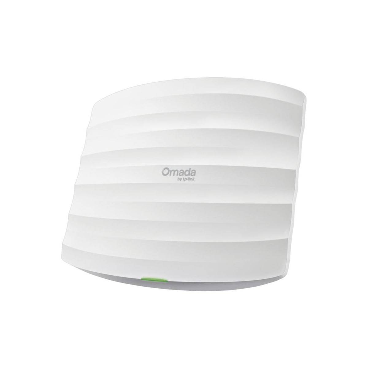 White Omada von TP-Link Wireless-Zugriffspunkt auf einfachem Hintergrund montiert, zeigt ein gebogenes rechteckiges Gerät mit einem kleinen grünen Statuslicht