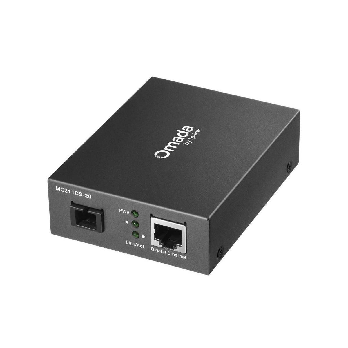 Black Omada von TP-Link Media-Converter mit Glasfaser- und Gigabit-Ethernet-Anschlüssen und Status-LEDs auf der Frontplatte.
