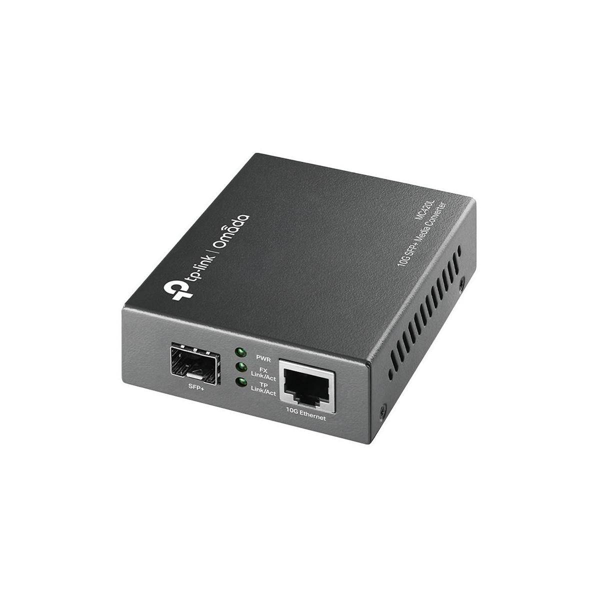 TP-Link Media-Konverter mit SFP-Port, Ethernet-Port und Status-LEDs für Fiber-zu-Ethernet-Netzwerk.