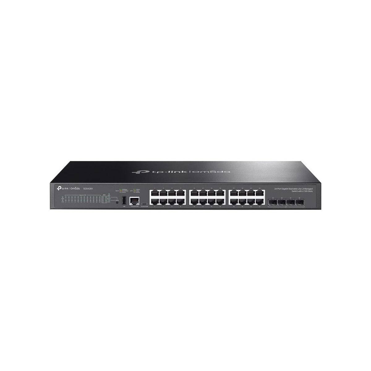 Vorderansicht eines schwarzen Netzwerk-Switches mit mehreren Ethernet-Anschlüssen und Status-LEDs auf weißem Hintergrund.