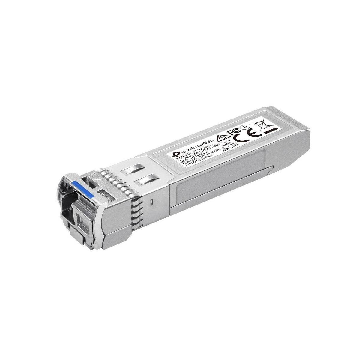 Silbernes Glasfaser-Transceiver-Modul mit blauem Verriegelungshebel auf weißem Hintergrund.