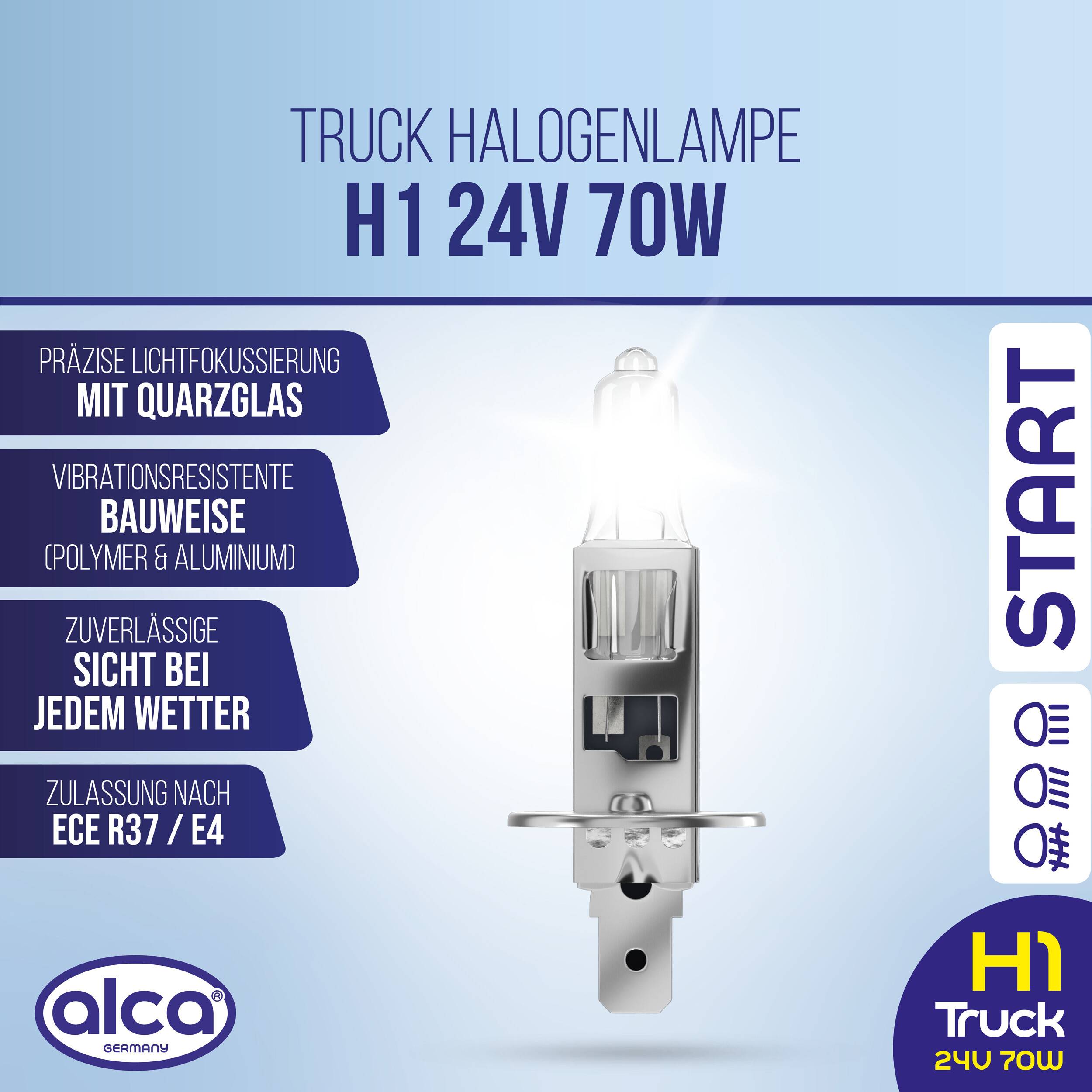 alca® H1 Halogenlampe für LKW Scheinwerfer mit 1800 lm sowie 24 V 70 W