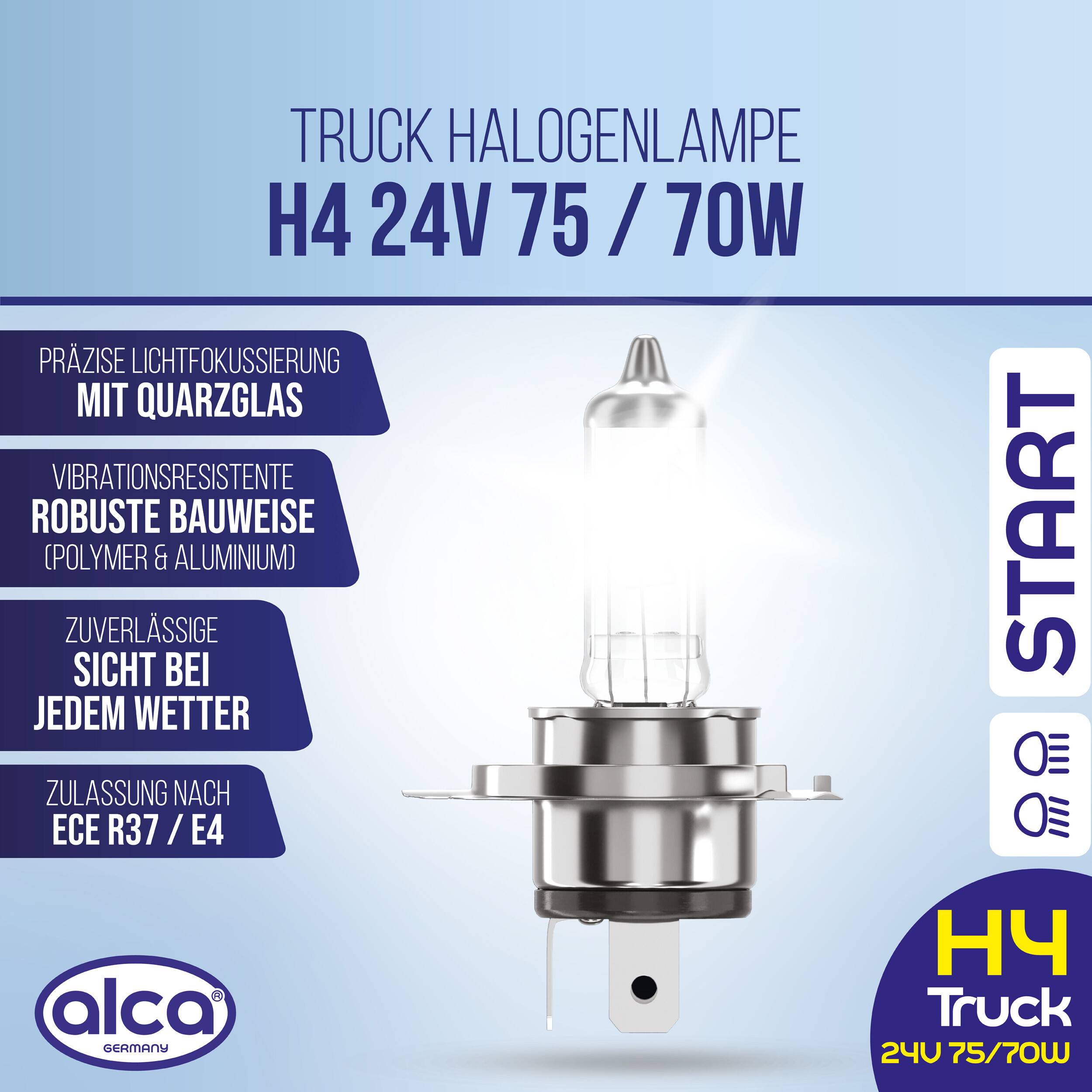 alca® H4 Halogenlampe für LKW Scheinwerfer mit 1800 lm sowie 24 V 75 W