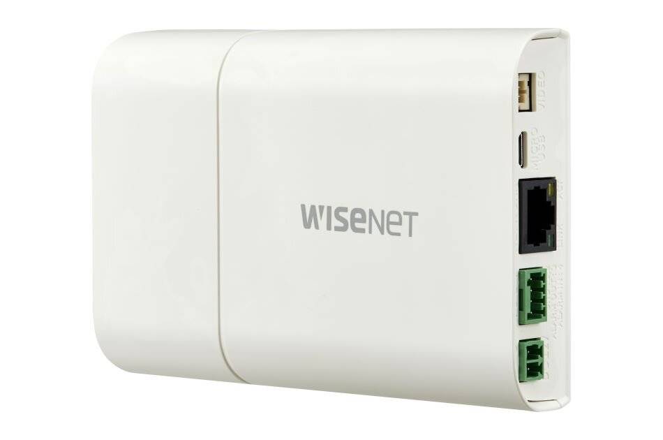 Weißes Wisenet-Netzwerkgerät mit USB-Anschluss, Ethernet-Buchse und zwei grünen Anschlussleisten an der Seite