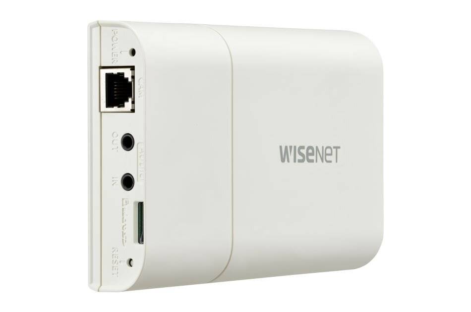 Weiße Wisenet-Sicherheitskameraeinheit mit Ethernet-Anschluss und Audio-/Videoeingängen an der Seite.
