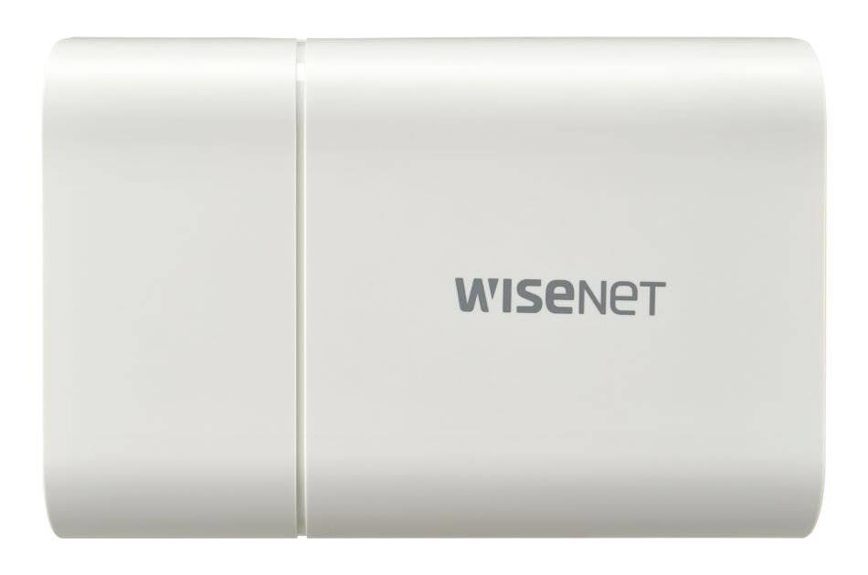 Weiße Wisenet-Sicherheitskameragehäuse mit Logo, Vorderansicht auf einfachem Hintergrund.