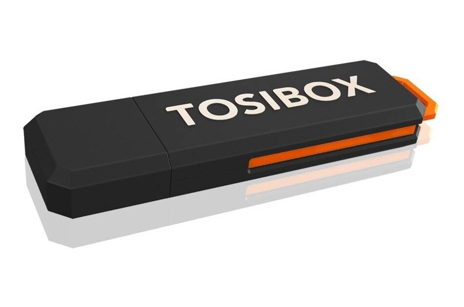 Schwarzer Tosibox USB-Sicherheitsschlüssel mit orangefarbenen Akzenten, dargestellt in einer angewinkelten Produktansicht auf weißem Hintergrund.