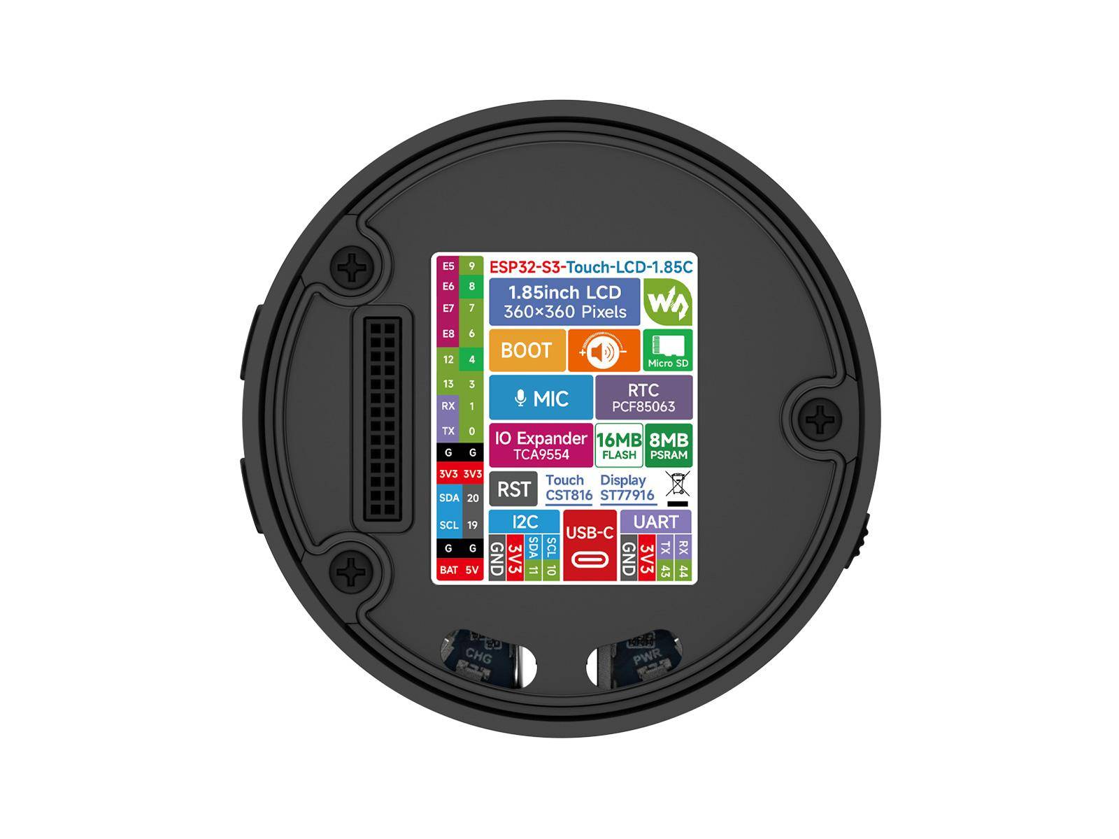 Waveshare ESP32-S3-Touch-LCD-1.85C Development Board, 360x360, WiFi, BLE5, 240MHz, 16MB Flash - Lautsprechergehäuse: nein - Batterie: nein