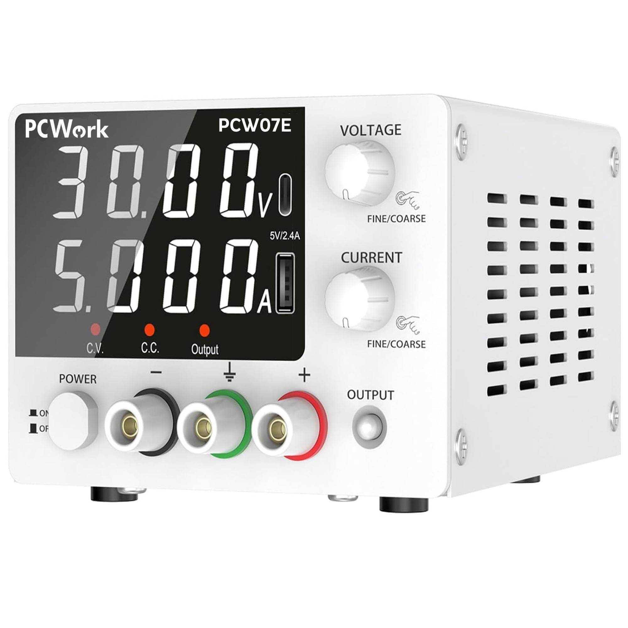 PCWork PCW07E Labornetzteil, regelbar, USB-A, USB-C, 4-Stellen-LED-Anzeige, 150W, 0-5A DC, 0-30V DC