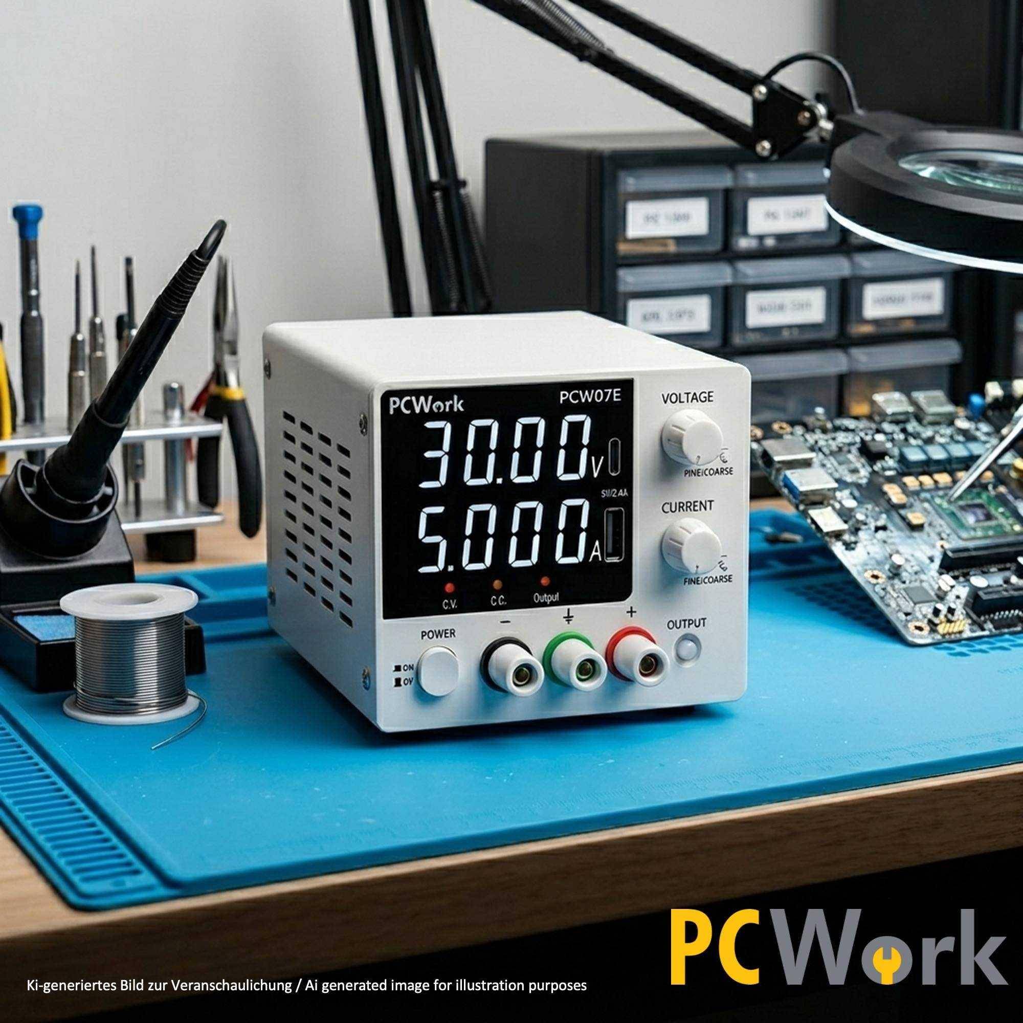 PCWork PCW07E Labornetzteil, regelbar, USB-A, USB-C, 4-Stellen-LED-Anzeige, 150W, 0-5A DC, 0-30V DC