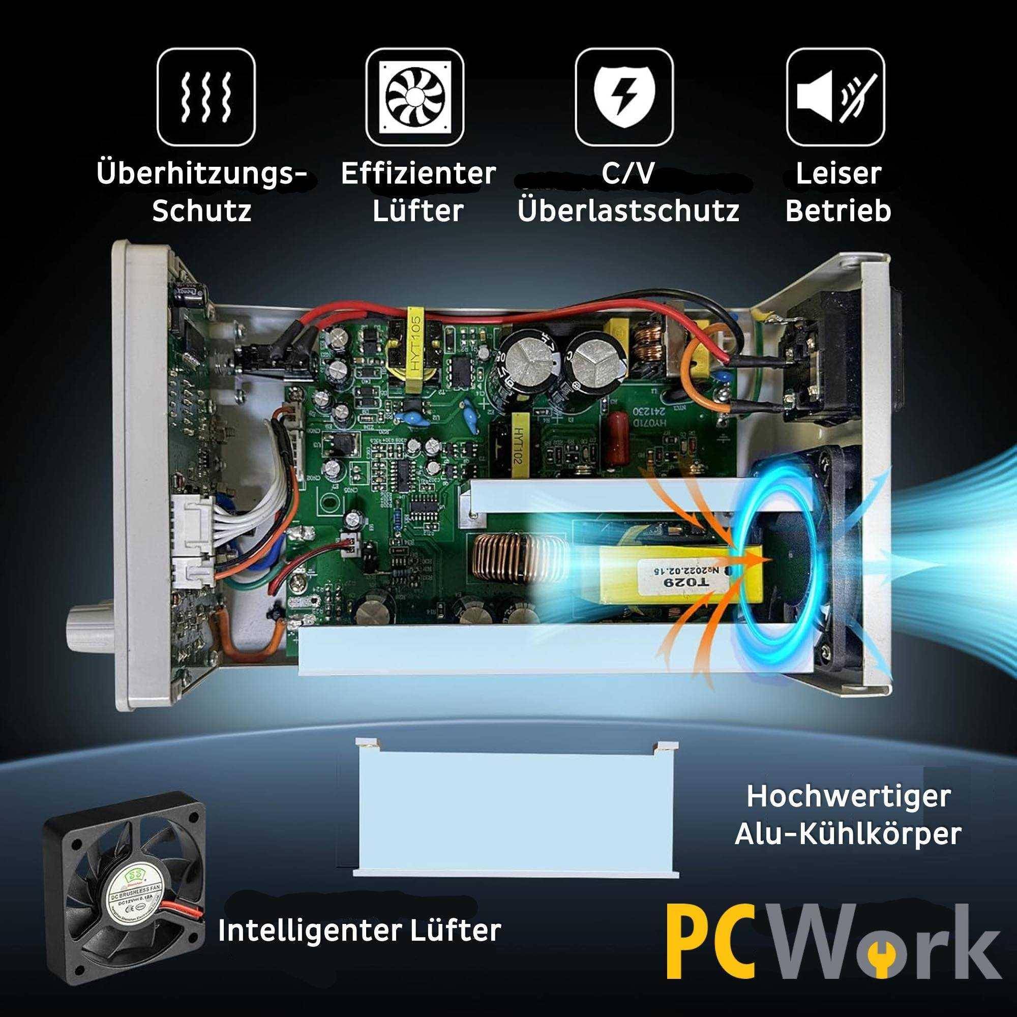 PCWork PCW07E Labornetzteil, regelbar, USB-A, USB-C, 4-Stellen-LED-Anzeige, 150W, 0-5A DC, 0-30V DC