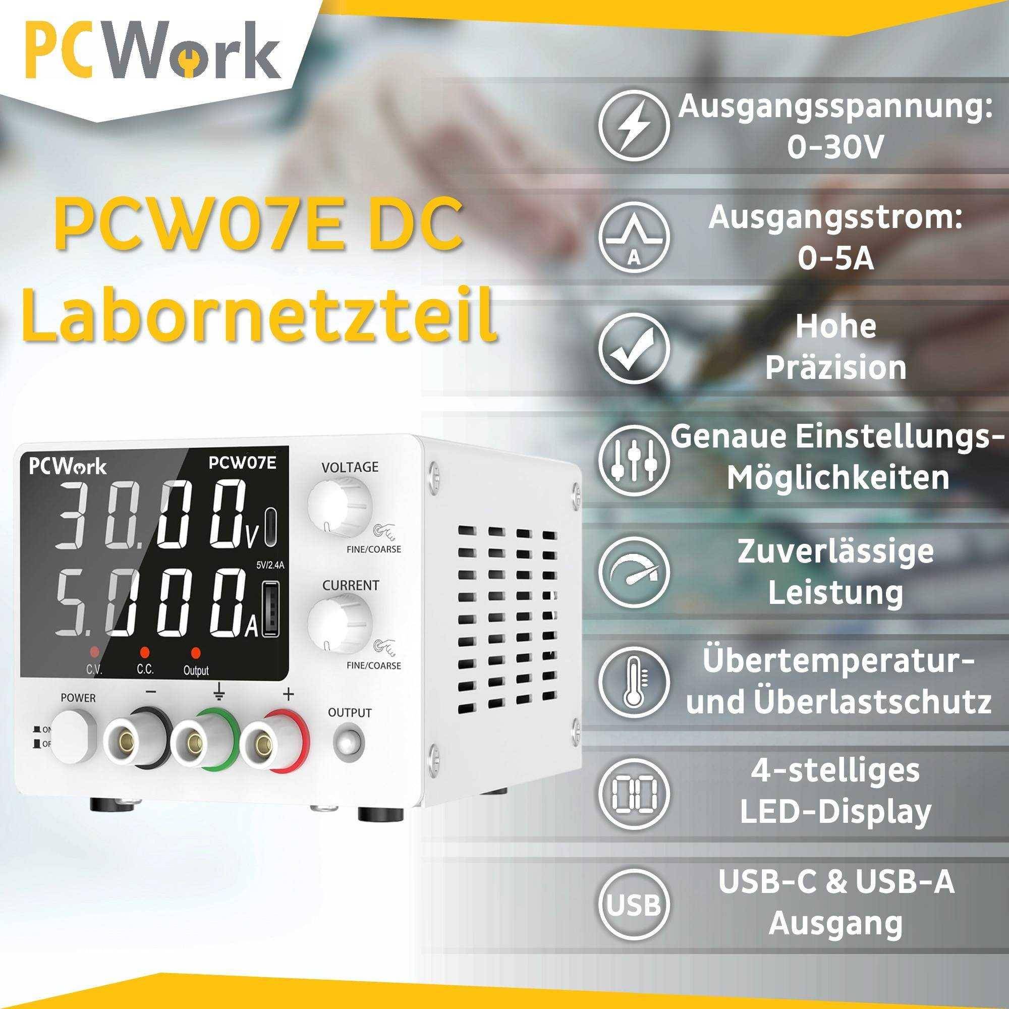PCWork PCW07E Labornetzteil, regelbar, USB-A, USB-C, 4-Stellen-LED-Anzeige, 150W, 0-5A DC, 0-30V DC