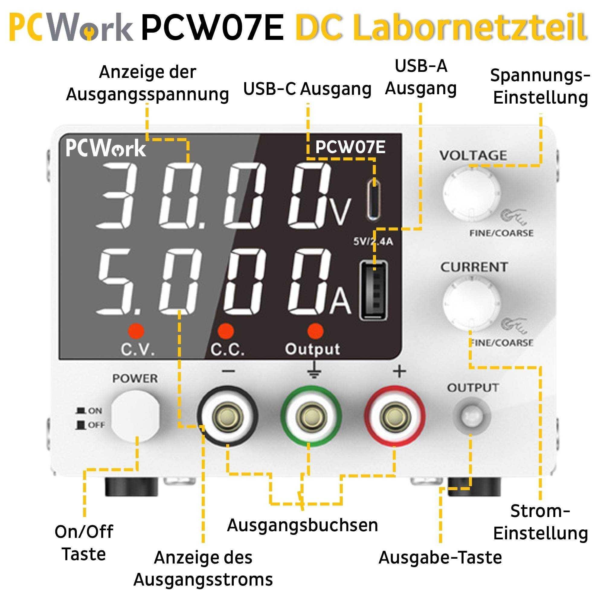PCWork PCW07E Labornetzteil, regelbar, USB-A, USB-C, 4-Stellen-LED-Anzeige, 150W, 0-5A DC, 0-30V DC