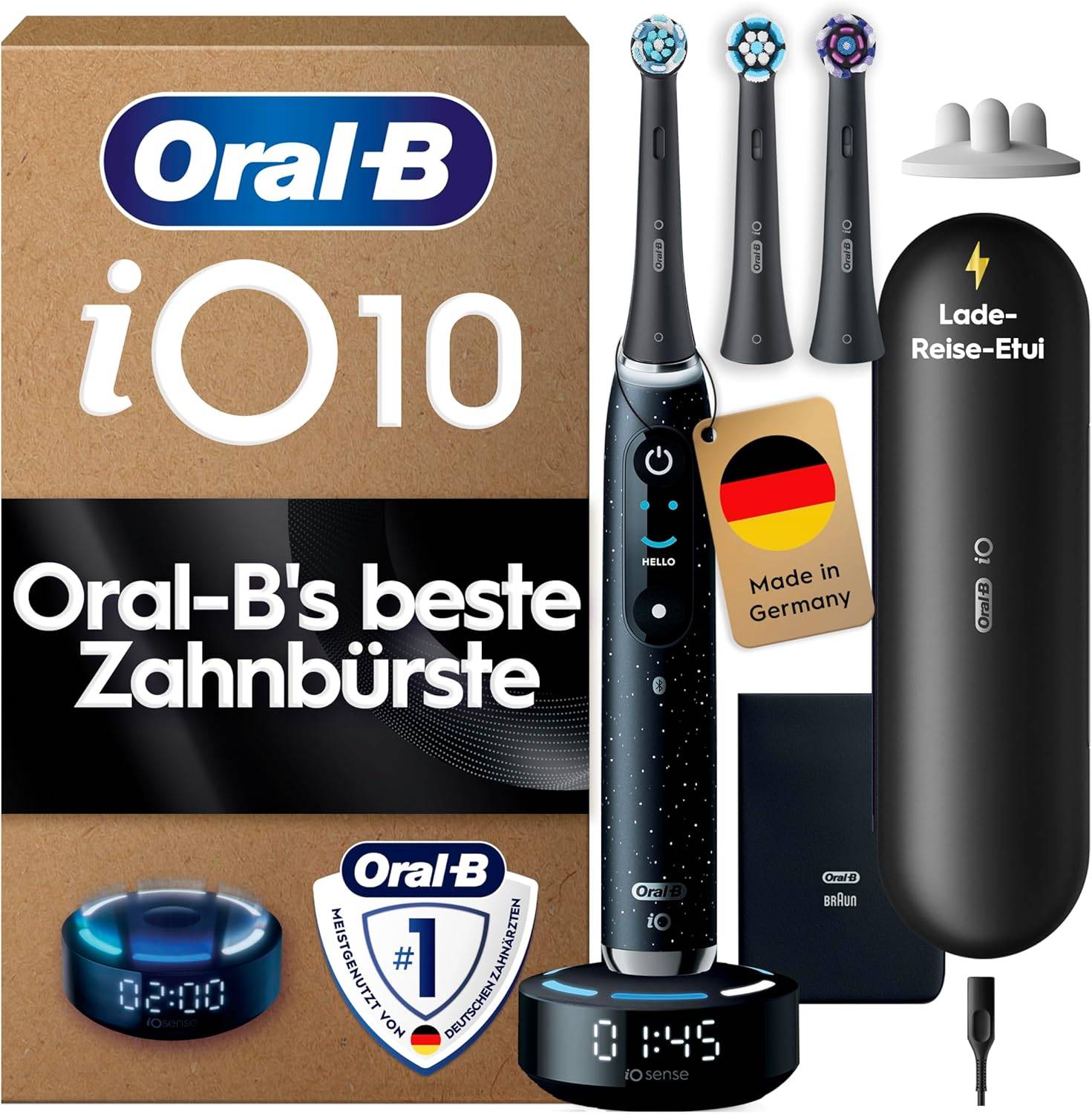 Oral-B iO Series 10 Elektrische Zahnbürste 3 Aufsteckbürsten Schwarz Reise-Etui