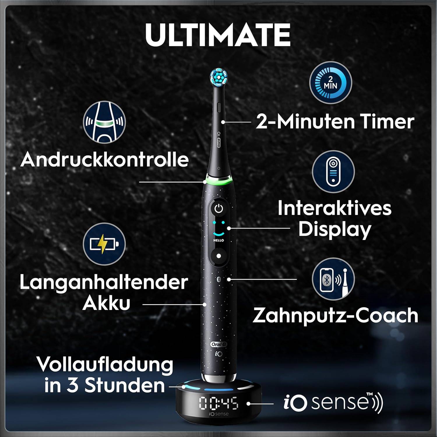 Oral-B iO Series 10 Elektrische Zahnbürste 3 Aufsteckbürsten Schwarz Reise-Etui