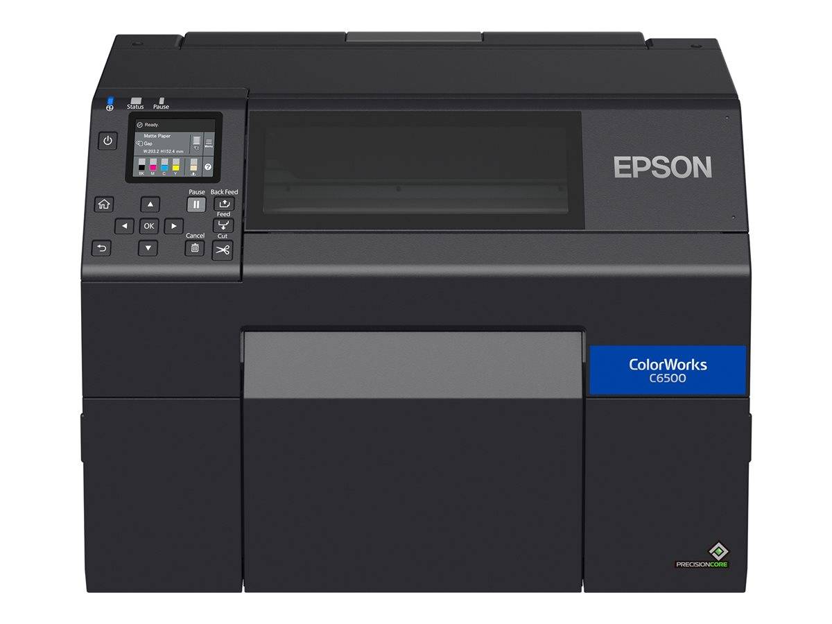 Schwarzer Epson ColorWorks C6500 Etikettendrucker mit Frontbedienfeld und Touchscreen-Display.