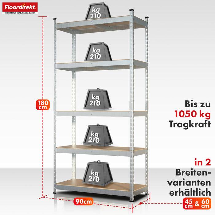 FLOORDIREKT Schwerlastregal Rhino - Lagerregal mit 5 Fachböden - 1050 kg Traglast - Verzinkt - 180 x 90 x 60 cm