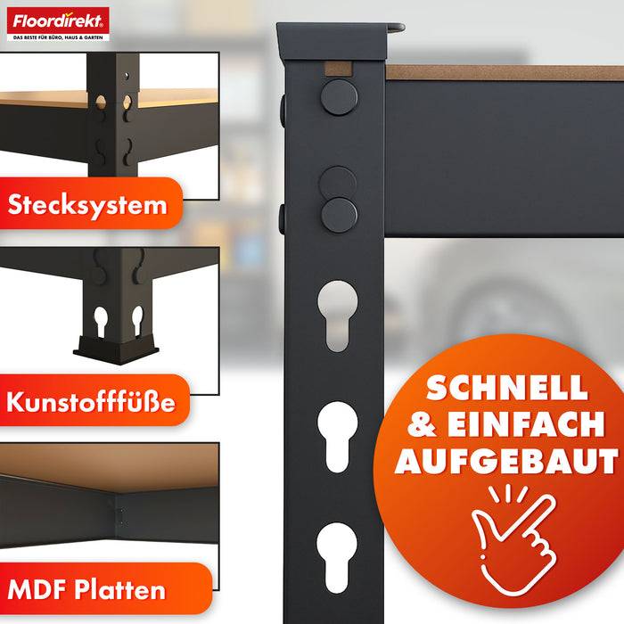 FLOORDIREKT Schwerlastregal Rhino - Lagerregal mit 5 Fachböden - 1050 kg Traglast - Schwarz - 180 x 90 x 45 cm
