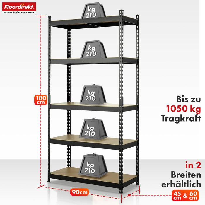 FLOORDIREKT Schwerlastregal Rhino - Lagerregal mit 5 Fachböden - 1050 kg Traglast - Schwarz - 180 x 90 x 45 cm