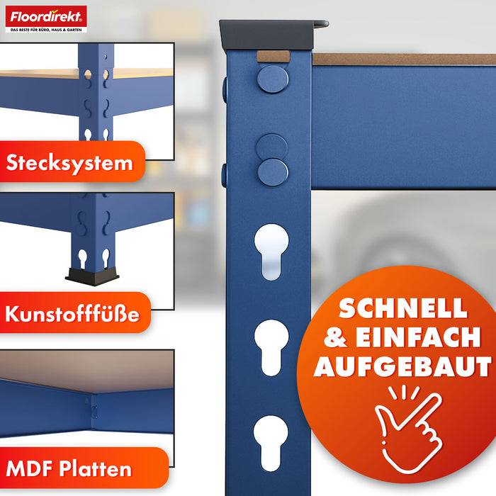 FLOORDIREKT Schwerlastregal Rhino - Lagerregal mit 5 Fachböden - 1050 kg Traglast - Blau - 180 x 90 x 60 cm