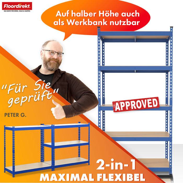 FLOORDIREKT Schwerlastregal Rhino - Lagerregal mit 5 Fachböden - 1050 kg Traglast - Blau - 180 x 90 x 60 cm