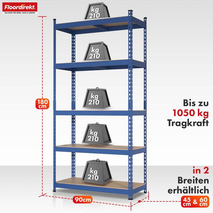 FLOORDIREKT Schwerlastregal Rhino - Lagerregal mit 5 Fachböden - 1050 kg Traglast - Blau - 180 x 90 x 60 cm