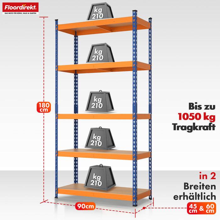 FLOORDIREKT Schwerlastregal Rhino - Lagerregal mit 5 Fachböden - 1050 kg Traglast - Blau-Orange - 180 x 90 x 45 cm