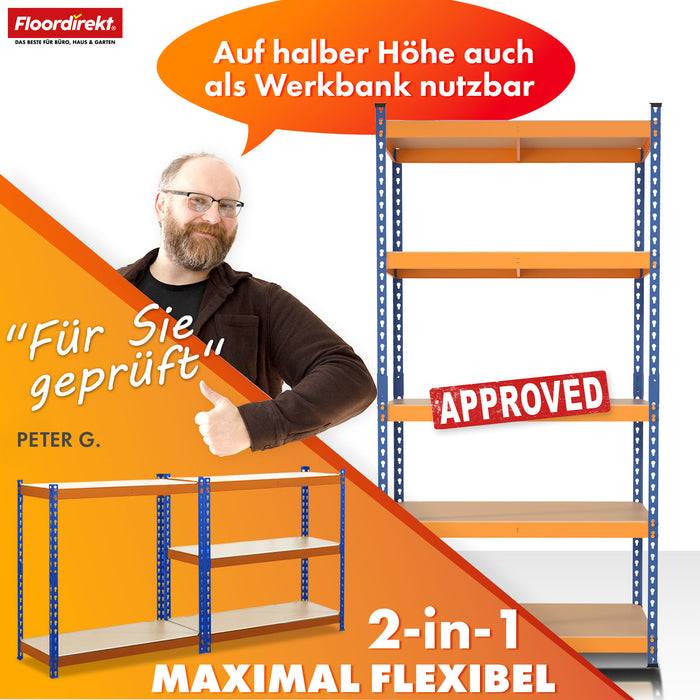 FLOORDIREKT Schwerlastregal Rhino - Lagerregal mit 5 Fachböden - 1050 kg Traglast - Blau-Orange - 180 x 90 x 60 cm
