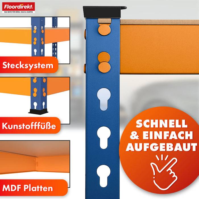 FLOORDIREKT Schwerlastregal Rhino - Lagerregal mit 5 Fachböden - 1050 kg Traglast - Blau-Orange - 180 x 90 x 60 cm