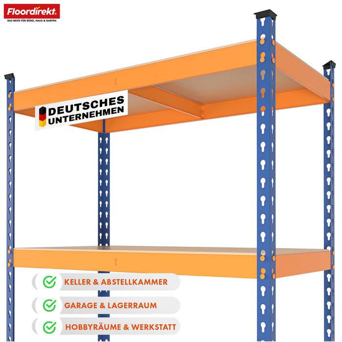 FLOORDIREKT Schwerlastregal Rhino - Lagerregal mit 5 Fachböden - 1050 kg Traglast - Blau-Orange - 180 x 90 x 60 cm