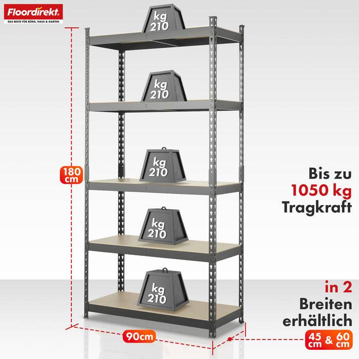 FLOORDIREKT Schwerlastregal Rhino - Lagerregal mit 5 Fachböden - 1050kg Traglast - Anthrazit-Grau - 180 x 90 x 45 cm