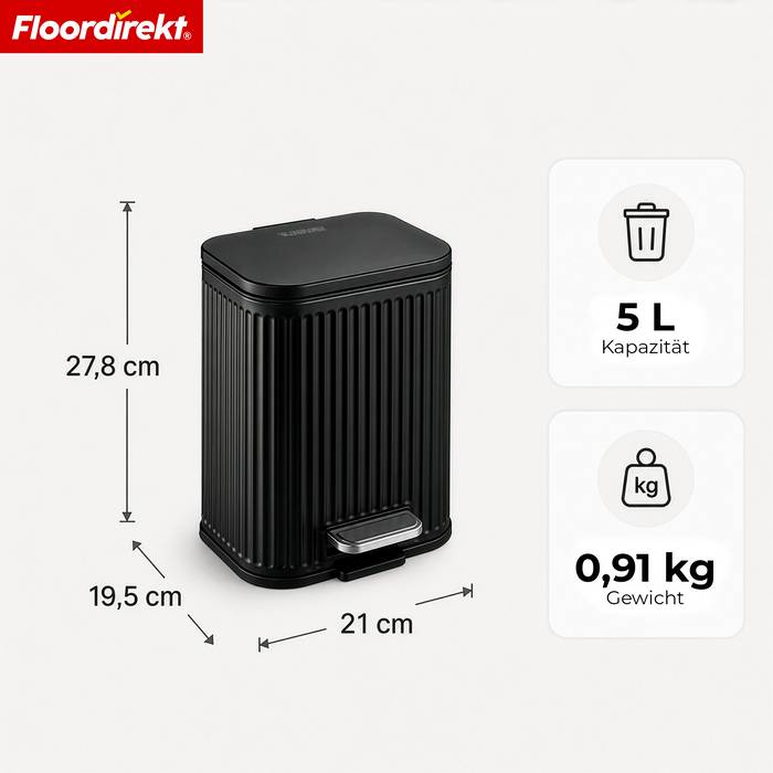FLOORDIREKT Mülleimer Miles - Stilvoller Tretmülleimer mit Soft-Close-Funktion - Schwarz - 5 Liter