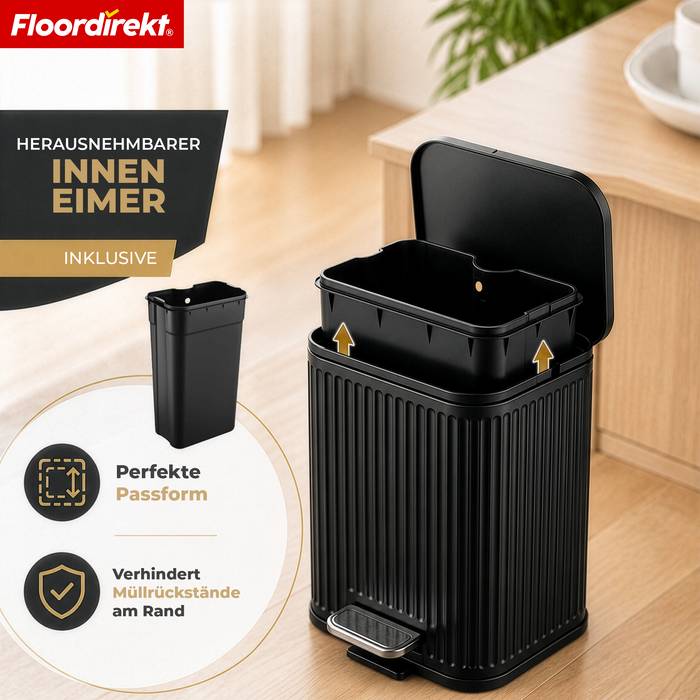 FLOORDIREKT Mülleimer Miles - Stilvoller Tretmülleimer mit Soft-Close-Funktion - Schwarz - 5 Liter
