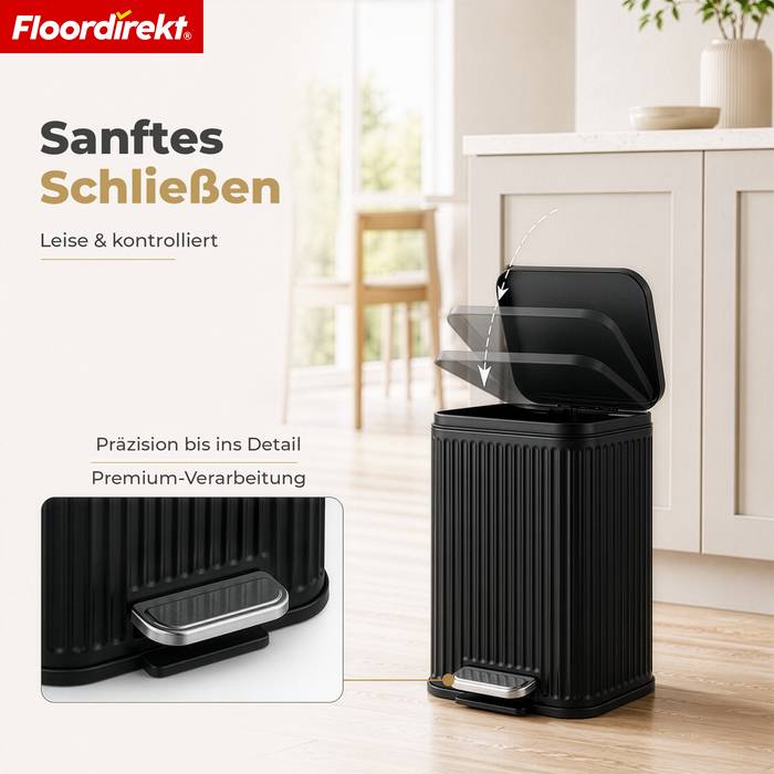 FLOORDIREKT Mülleimer Miles - Stilvoller Tretmülleimer mit Soft-Close-Funktion - Schwarz - 5 Liter