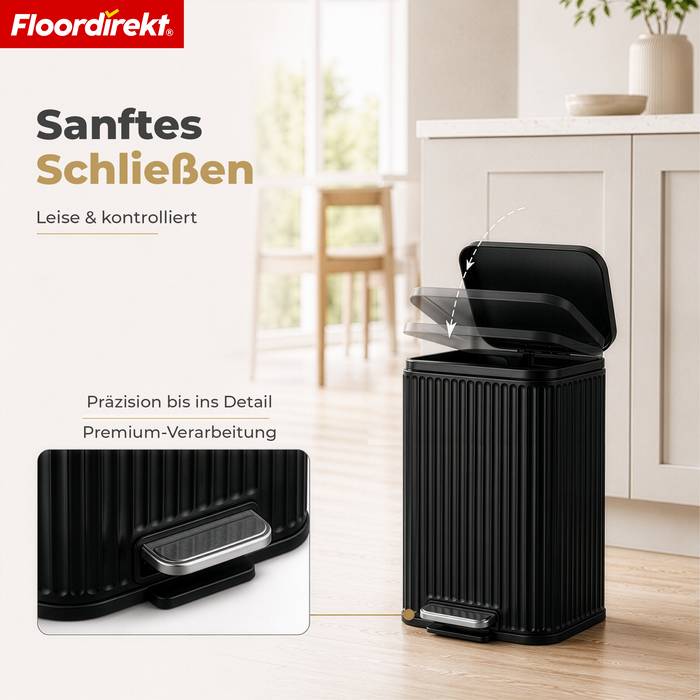 FLOORDIREKT Mülleimer Miles - Stilvoller Tretmülleimer mit Soft-Close-Funktion - Schwarz - 12 Liter