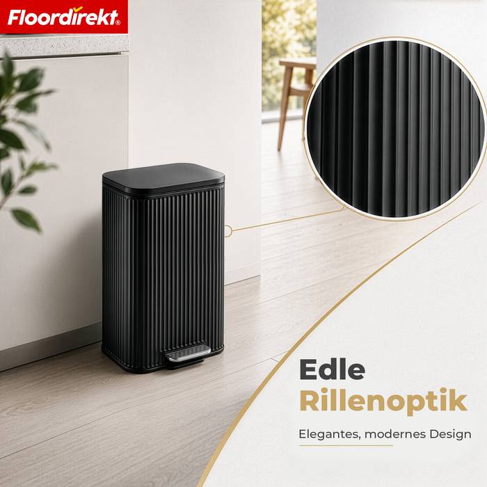 FLOORDIREKT Mülleimer Miles - Stilvoller Tretmülleimer mit Soft-Close-Funktion - Schwarz - 12 Liter