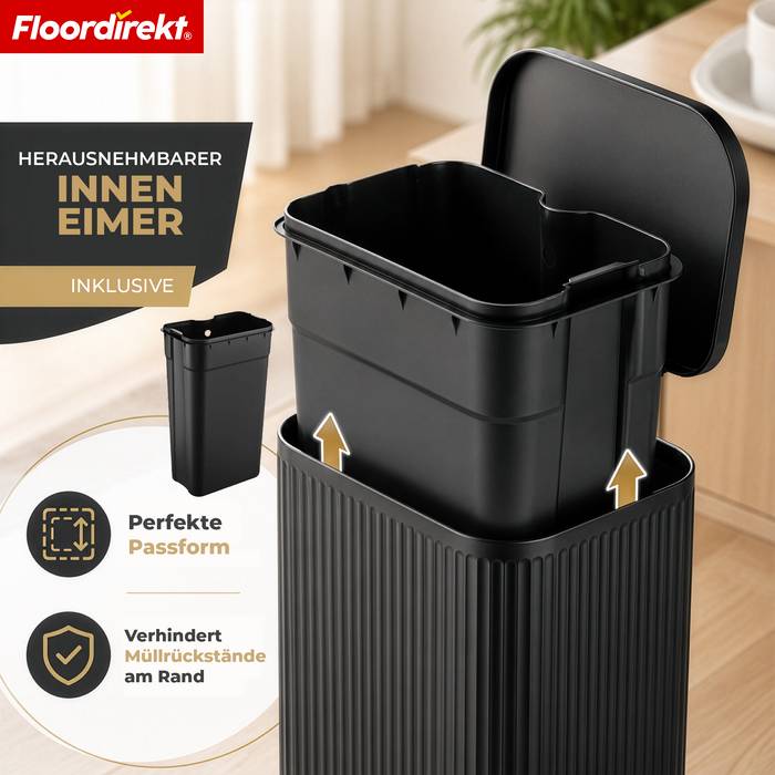 FLOORDIREKT Mülleimer Miles - Stilvoller Tretmülleimer mit Soft-Close-Funktion - Schwarz - 12 Liter