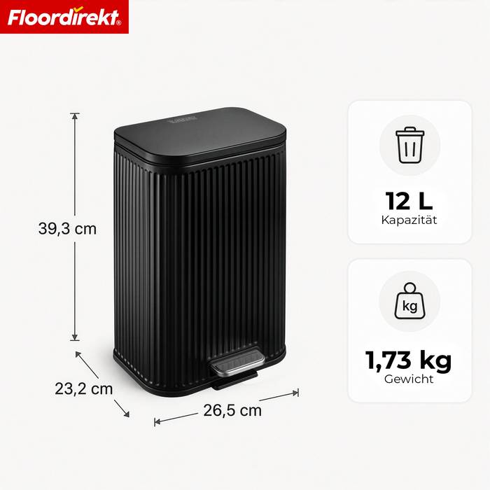FLOORDIREKT Mülleimer Miles - Stilvoller Tretmülleimer mit Soft-Close-Funktion - Schwarz - 12 Liter