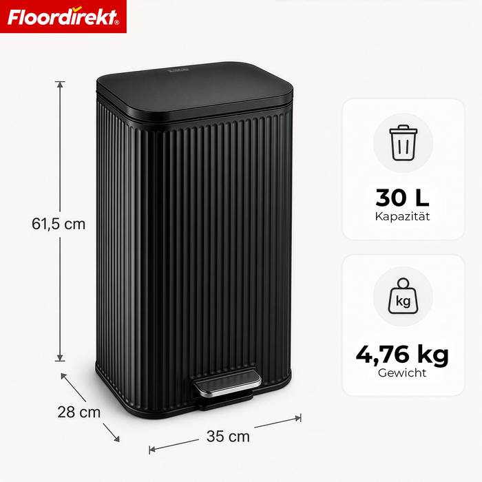 FLOORDIREKT Mülleimer Miles - Stilvoller Tretmülleimer mit Soft-Close-Funktion - Schwarz - 30 Liter
