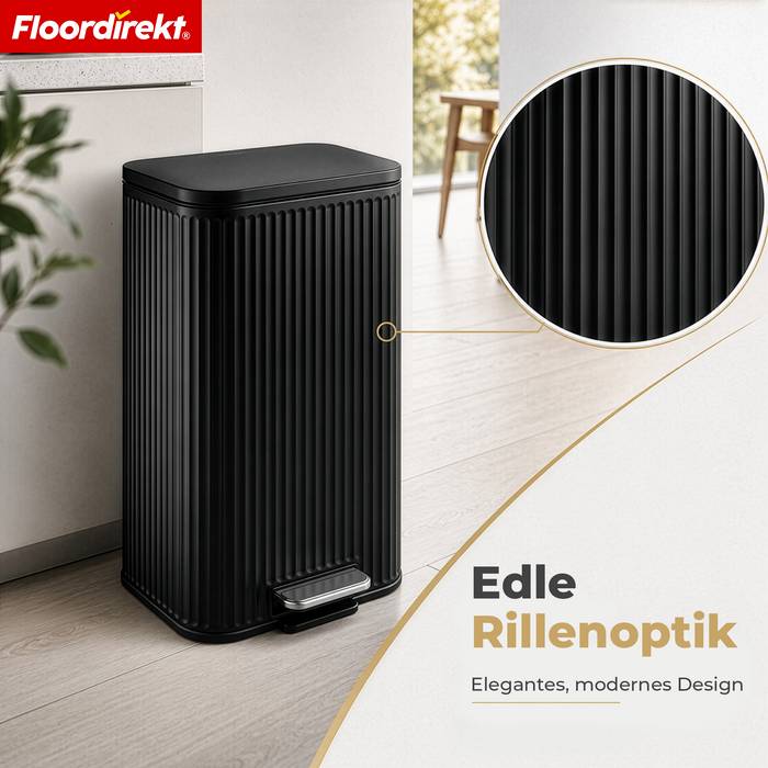 FLOORDIREKT Mülleimer Miles - Stilvoller Tretmülleimer mit Soft-Close-Funktion - Schwarz - 30 Liter