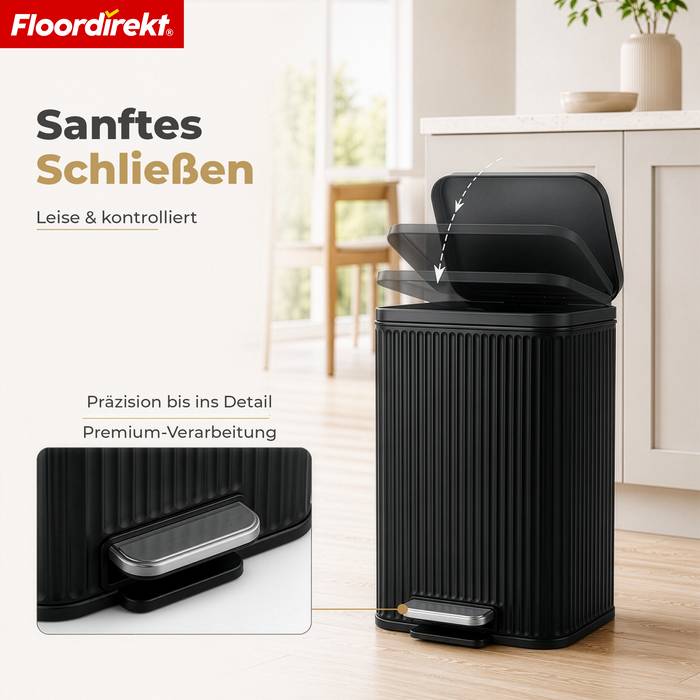 FLOORDIREKT Mülleimer Miles - Stilvoller Tretmülleimer mit Soft-Close-Funktion - Schwarz - 30 Liter