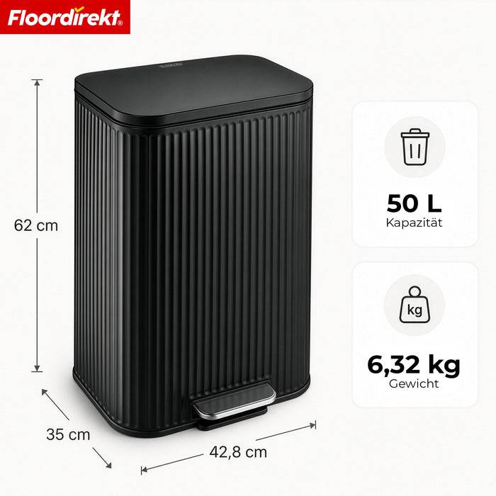 FLOORDIREKT Mülleimer Miles - Stilvoller Tretmülleimer mit Soft-Close-Funktion - Schwarz - 50 Liter