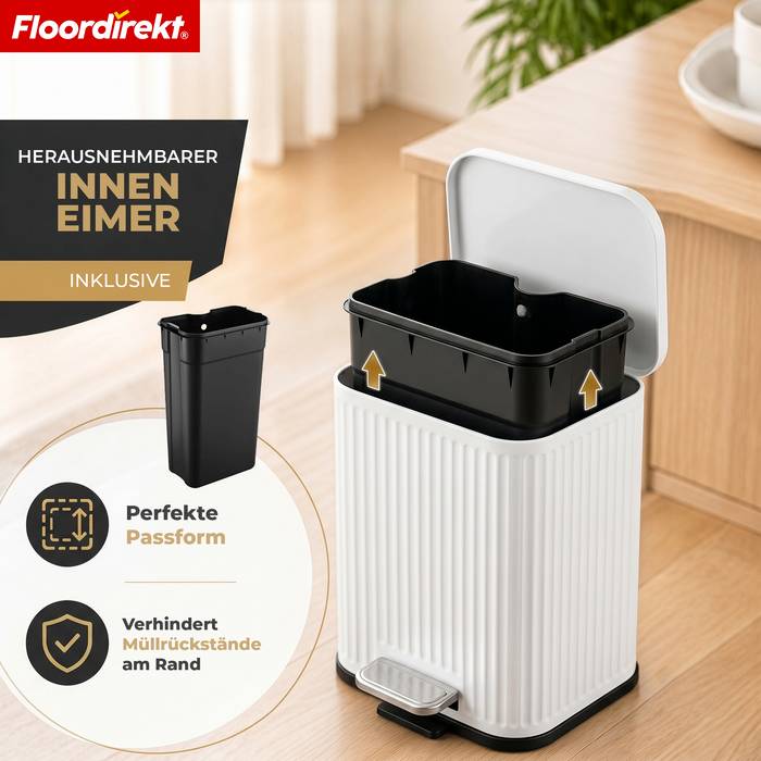 FLOORDIREKT Mülleimer Miles - Stilvoller Tretmülleimer mit Soft-Close-Funktion - Weiß - 5 Liter