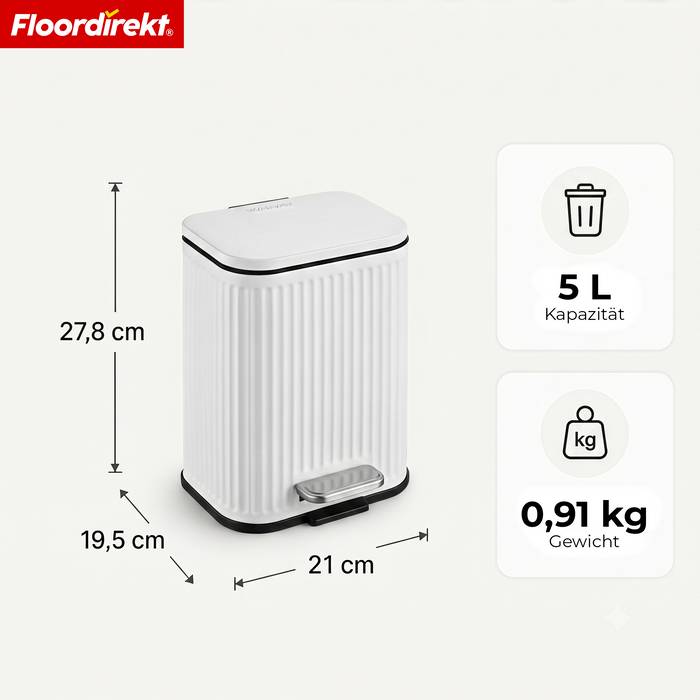FLOORDIREKT Mülleimer Miles - Stilvoller Tretmülleimer mit Soft-Close-Funktion - Weiß - 5 Liter