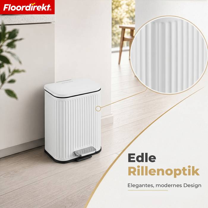 FLOORDIREKT Mülleimer Miles - Stilvoller Tretmülleimer mit Soft-Close-Funktion - Weiß - 5 Liter