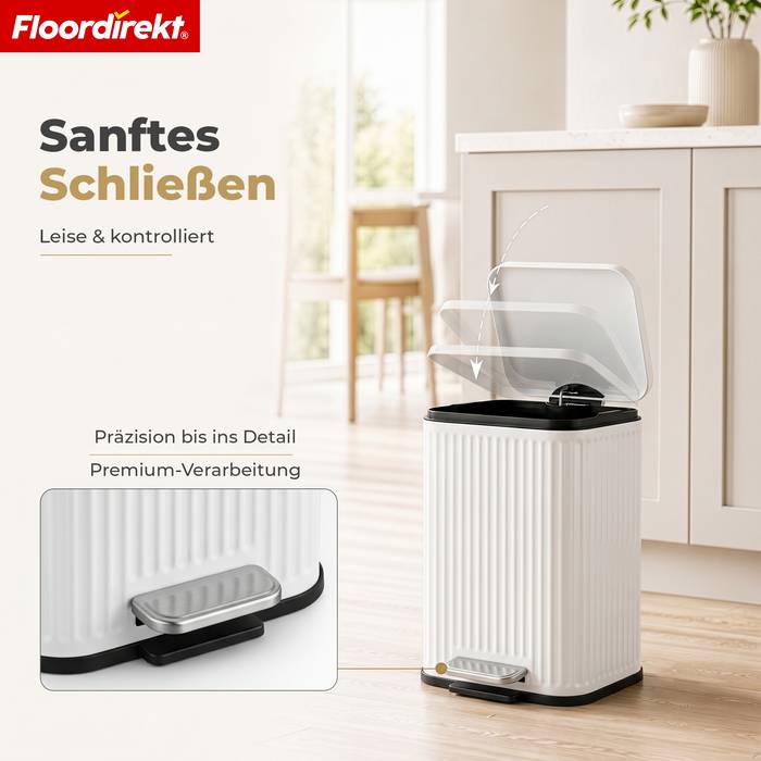 FLOORDIREKT Mülleimer Miles - Stilvoller Tretmülleimer mit Soft-Close-Funktion - Weiß - 5 Liter