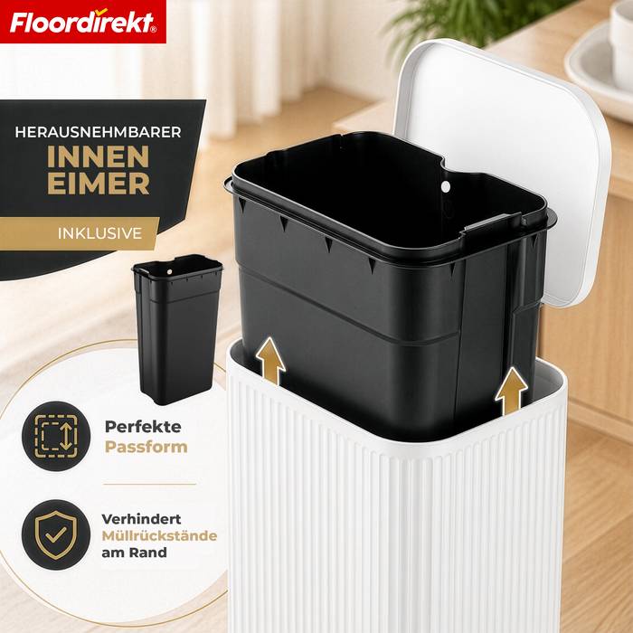 FLOORDIREKT Mülleimer Miles - Stilvoller Tretmülleimer mit Soft-Close-Funktion - Weiß - 12 Liter