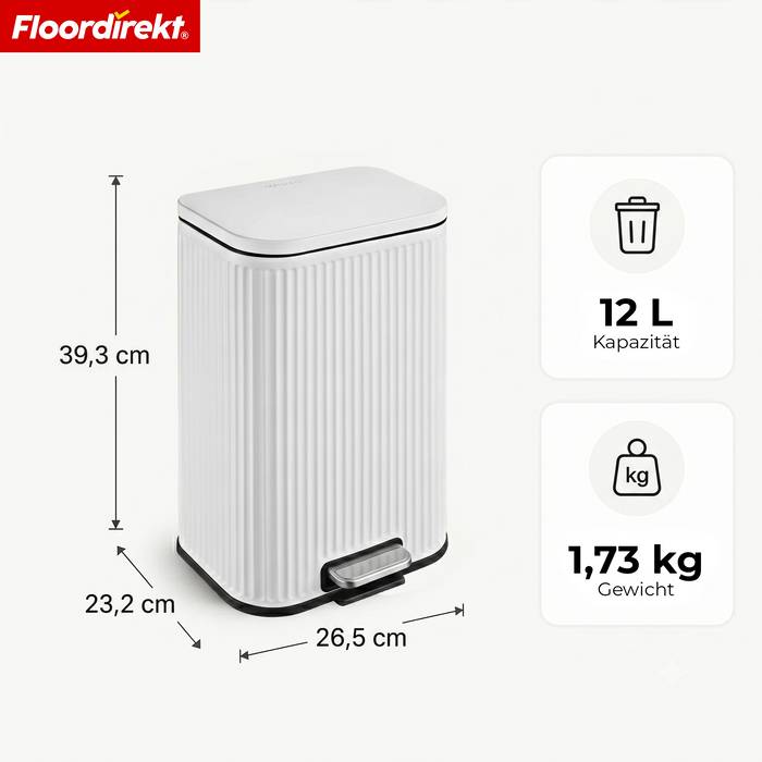 FLOORDIREKT Mülleimer Miles - Stilvoller Tretmülleimer mit Soft-Close-Funktion - Weiß - 12 Liter