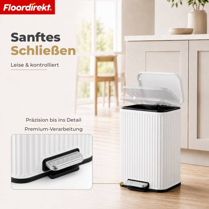FLOORDIREKT Mülleimer Miles - Stilvoller Tretmülleimer mit Soft-Close-Funktion - Weiß - 12 Liter